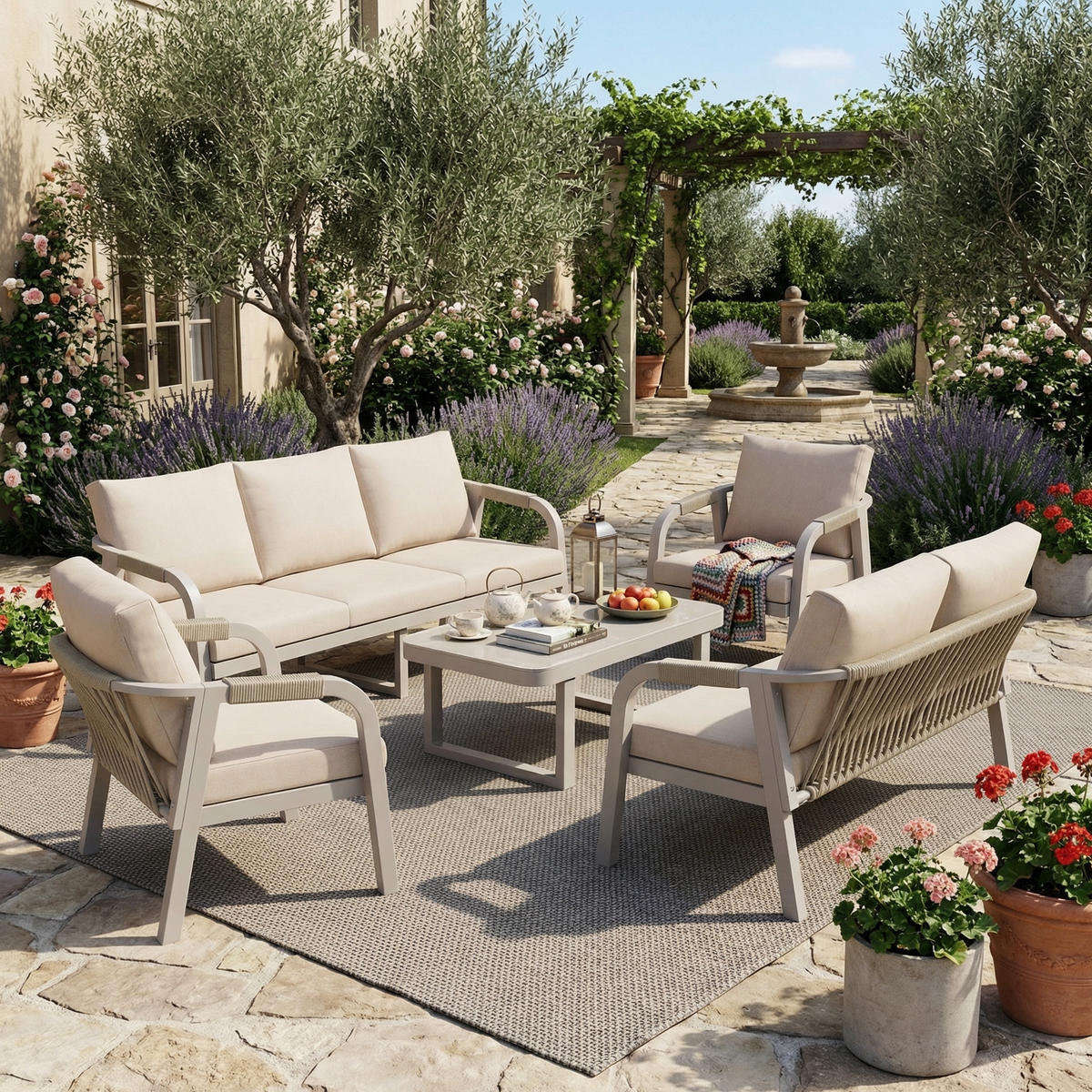 GARTENLOUNGE-SET 7 Personen 3-Sitzer 2-Sitzer Sessel Beige - Beige, Textil - FLIEKS