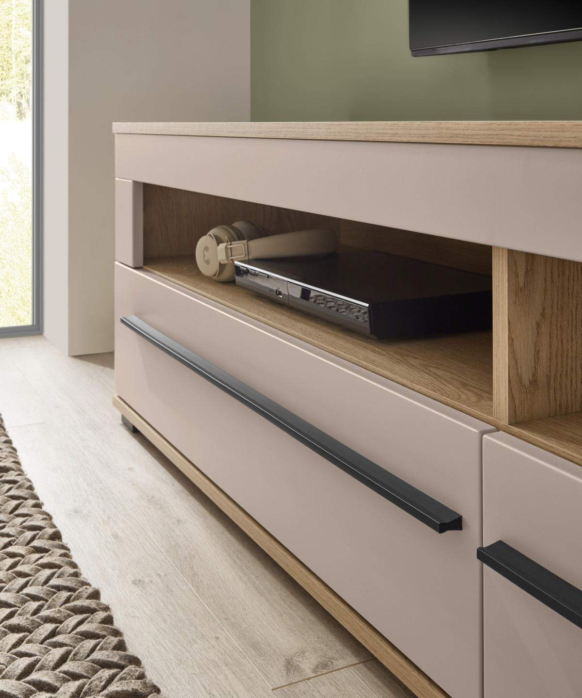 WOHNWAND Kaschmir, Eiche 4-teilig 310 cm, Wohnzimmerschränke mit Soft-Close - Kaschmir/Eichefarben, Glas/Holzwerkstoff (310/200/42cm) - Furn.Design