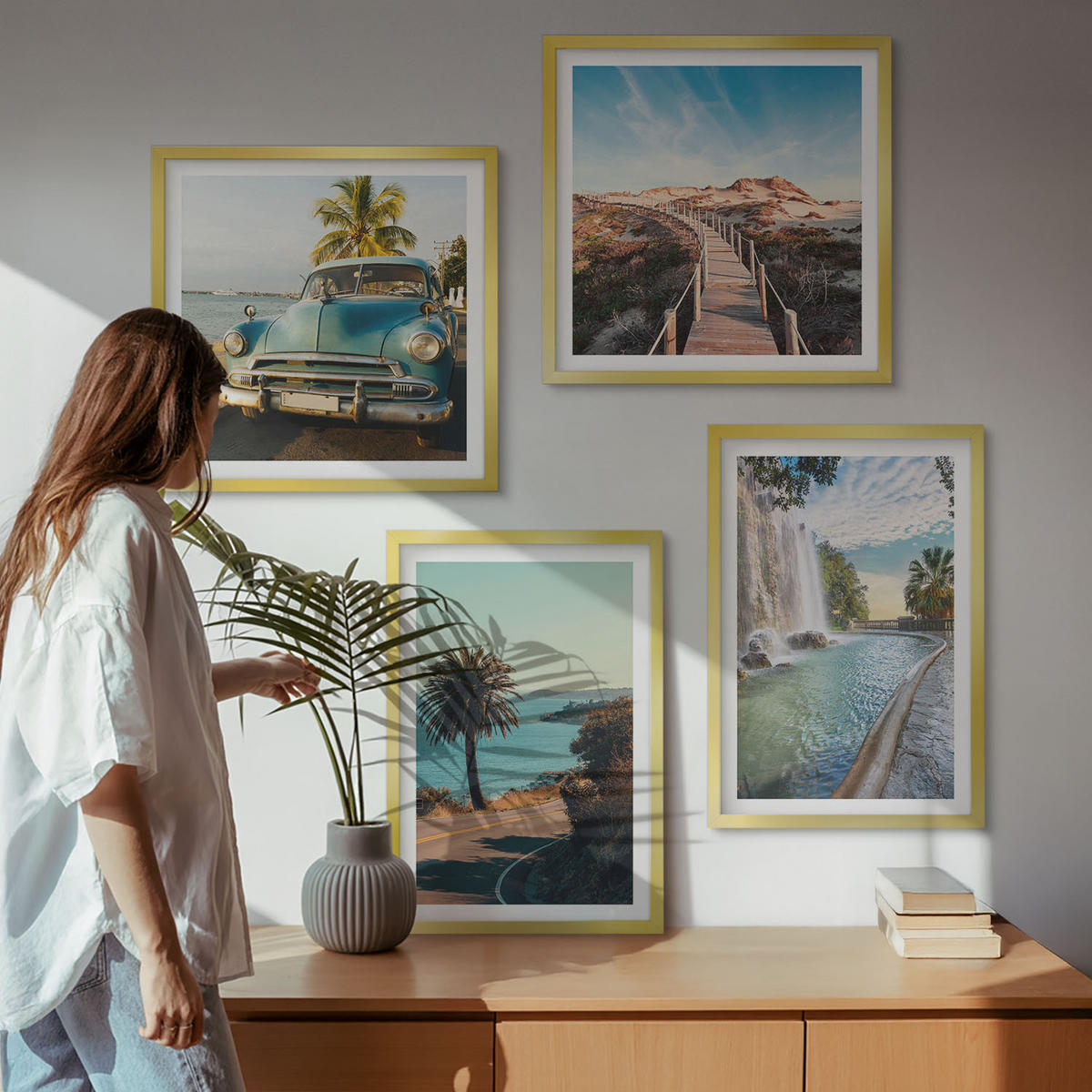 BILDER SET 4er Set - 50x50 cm & 40x60 cm Goldrahmen - Urlaub Palmen Wasserfall - Goldfarben, Kunststoff (50/50cm) - TULUP