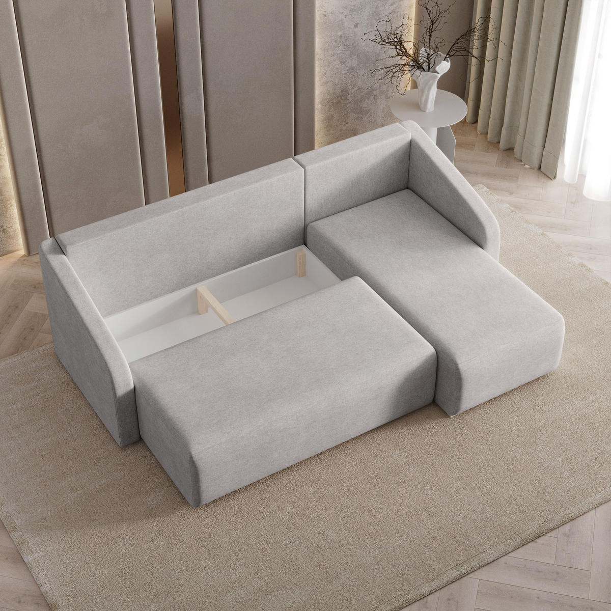 ECKSOFA MARELLO Creme Geflochtener Stoff mit Schlaffunktion - Creme, Holz (220/143cm) - MASSENO