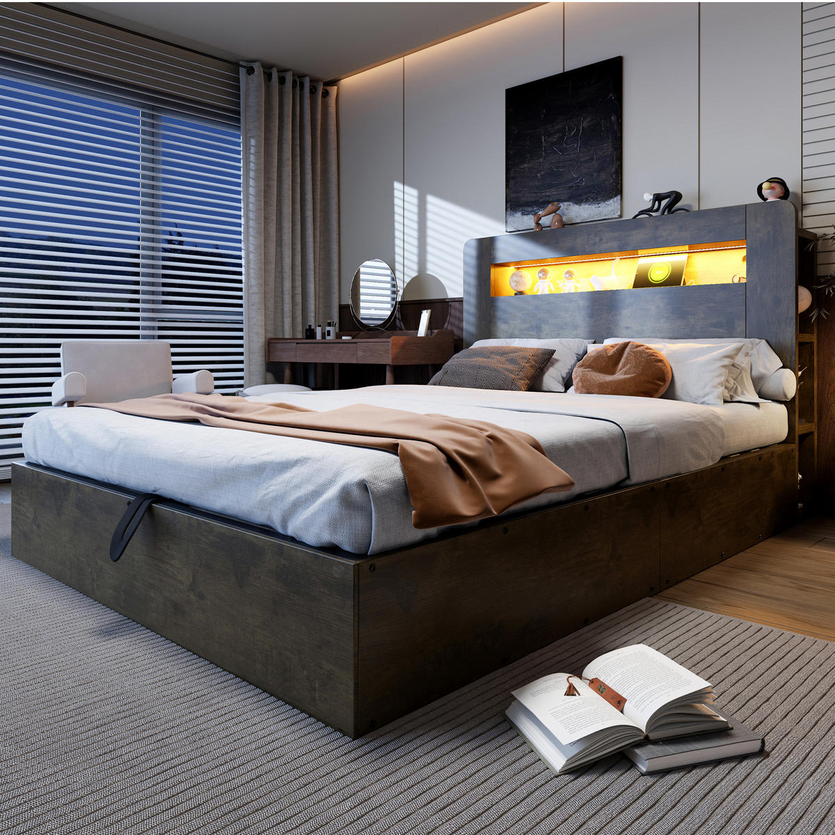 BETT 140/200 cm in Vintage-Holz mit Stauraum, LED und Steckdosen - Nussbaumfarben, Holz/Holzwerkstoff (140/200cm) - WISHDOR