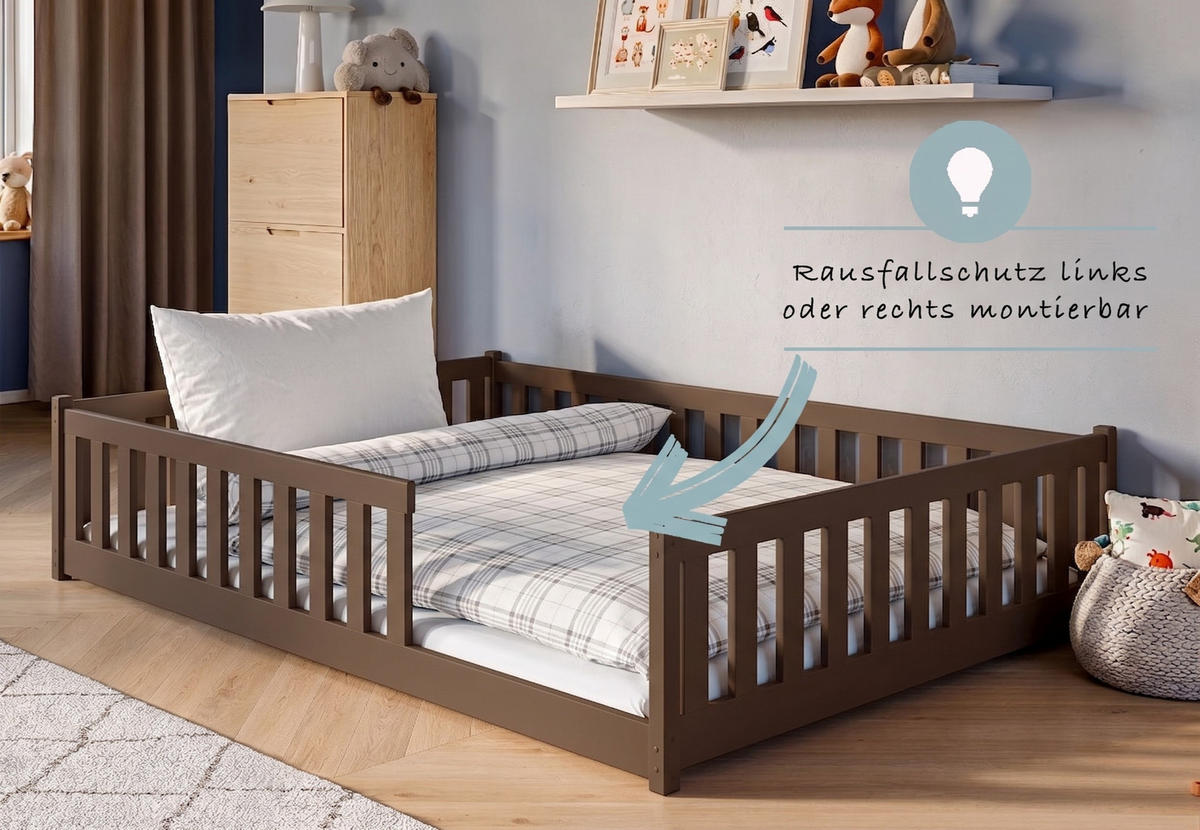 BODENBETT 140x200 cm in Zartbitterschokolade mit Matratze - Dunkelbraun, Holz (140/200cm) - Kids Collective