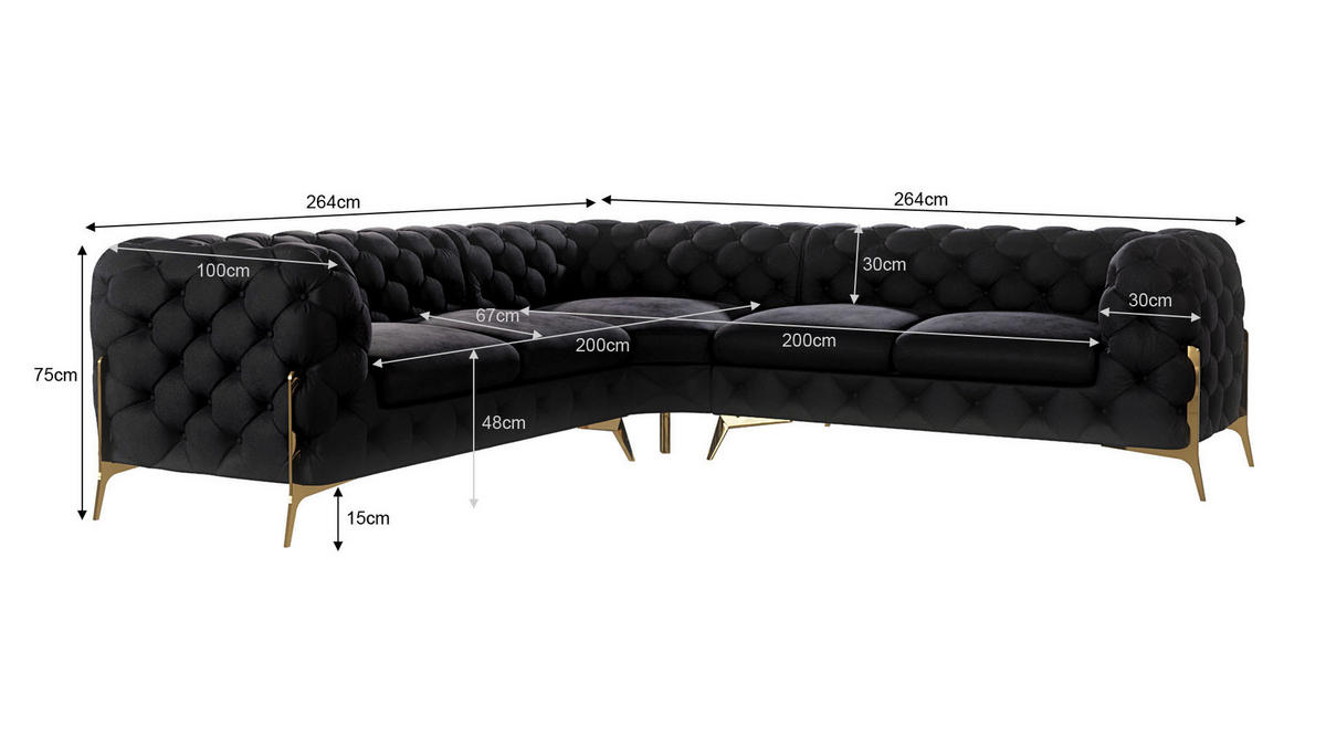 ECKSOFA Chesterfield Lexi Schwarz Samt - Goldfarben/Schwarz, Holz/Textil (264/264cm) - S-Style Möbel