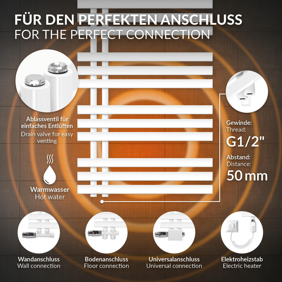 BADHEIZKÖRPER Iron EM 600x1400 mm Weiß mit Ventil Universal - Weiß, Metall (60/140/3cm) - LuxeBath