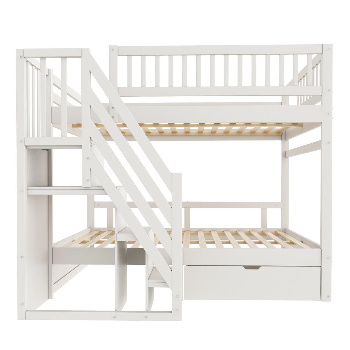 ETAGENBETT 140/200 cm mit Lattenrost, Stauraumtreppe und Schubladen, Weiß - Weiß, Holzwerkstoff (140/200cm) - Redom