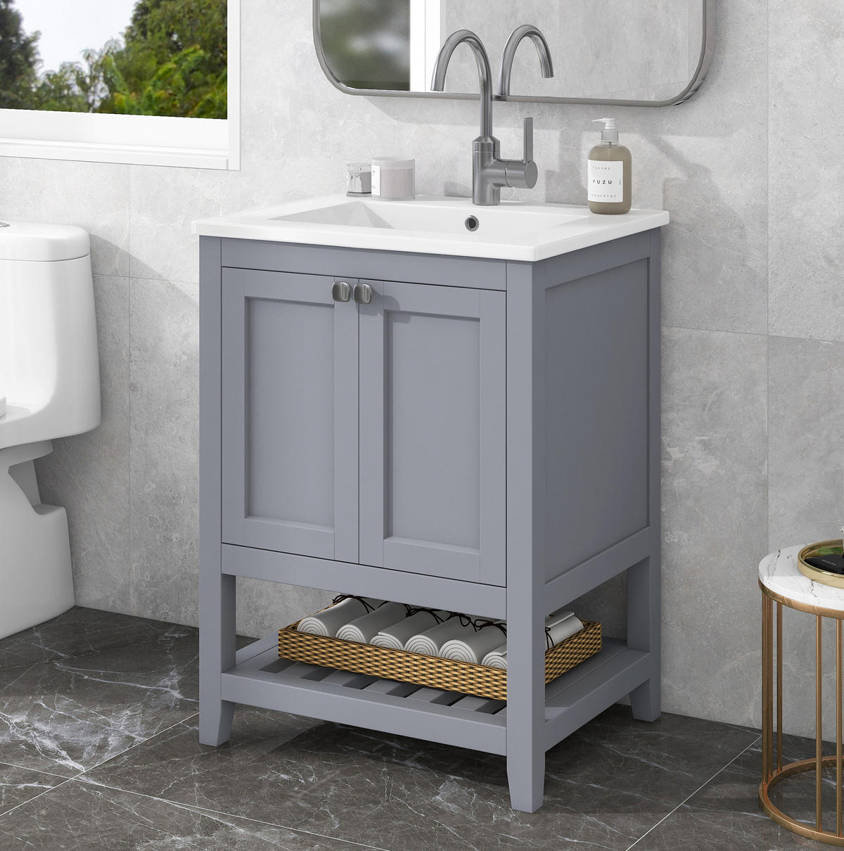 WASCHTISCH mit Unterschrank und Keramikbecken 60 cm Grey+White 2-tlg. - Grau, Holzwerkstoff (46/90/61cm) - Beauniv