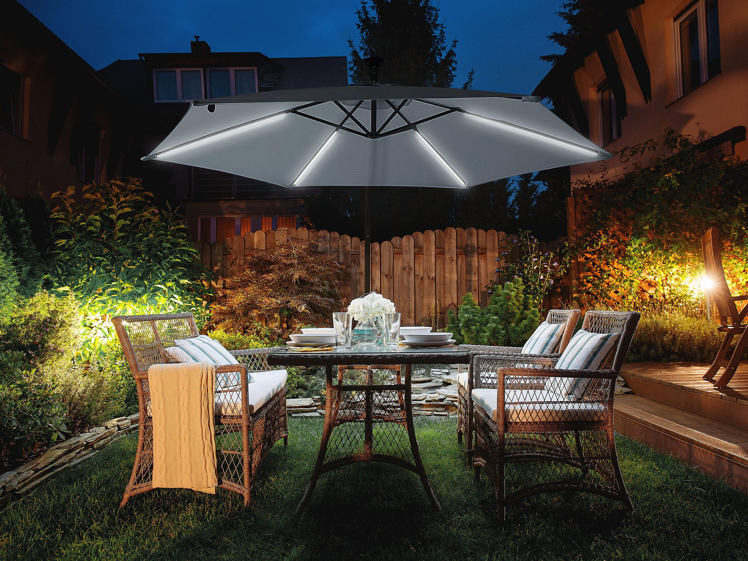 SONNENSCHIRM LED Solar Beleuchtung graphitgrau 285 cm Corval - Grau, Textil (285/285cm) - Beliani