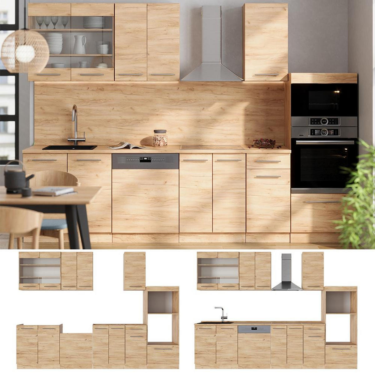 CHICINETĂ Fame-Line Stejar Goldkraft 300 cm cu dulap înalt, marmură AP - stejar miere, compozit lemnos (300/153.6/60cm) - Vicco