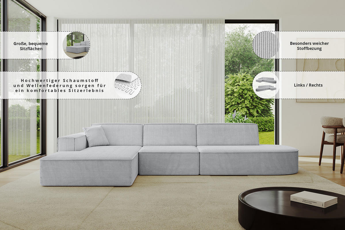 ECKSOFA Ottomane Links IREA-L2-v4 - 318x165x72,5 cm Hellgrau - Hellgrau, Holzwerkstoff/Textil (318/165cm) - ALTDECOR