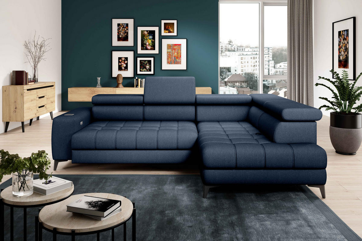 ECKSOFA BAGGIO Letto Stoff, Schlaffunktion, Bettkasten, Sitztiefe, Kopfstützen 280x196cm – Rechts – Marineblau - Dunkelblau, Holz/Textil (280/196cm) - DomoHome