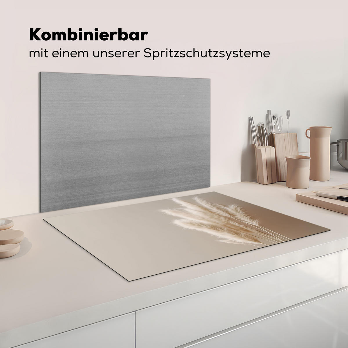 KRYT NA INDUKČNÍ DESKU Pampová tráva - Plumes - Pastelová - Bílá 77x51 cm - krémová, plast (77/51/0.2cm) - MuchoWow