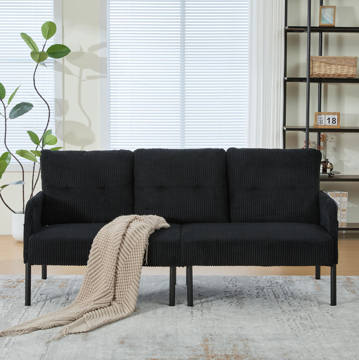 SOFA 3-Sitzer mit Seitentasche Cord Schwarz - Schwarz, Kunststoff (171/80/72cm) - Meubliv