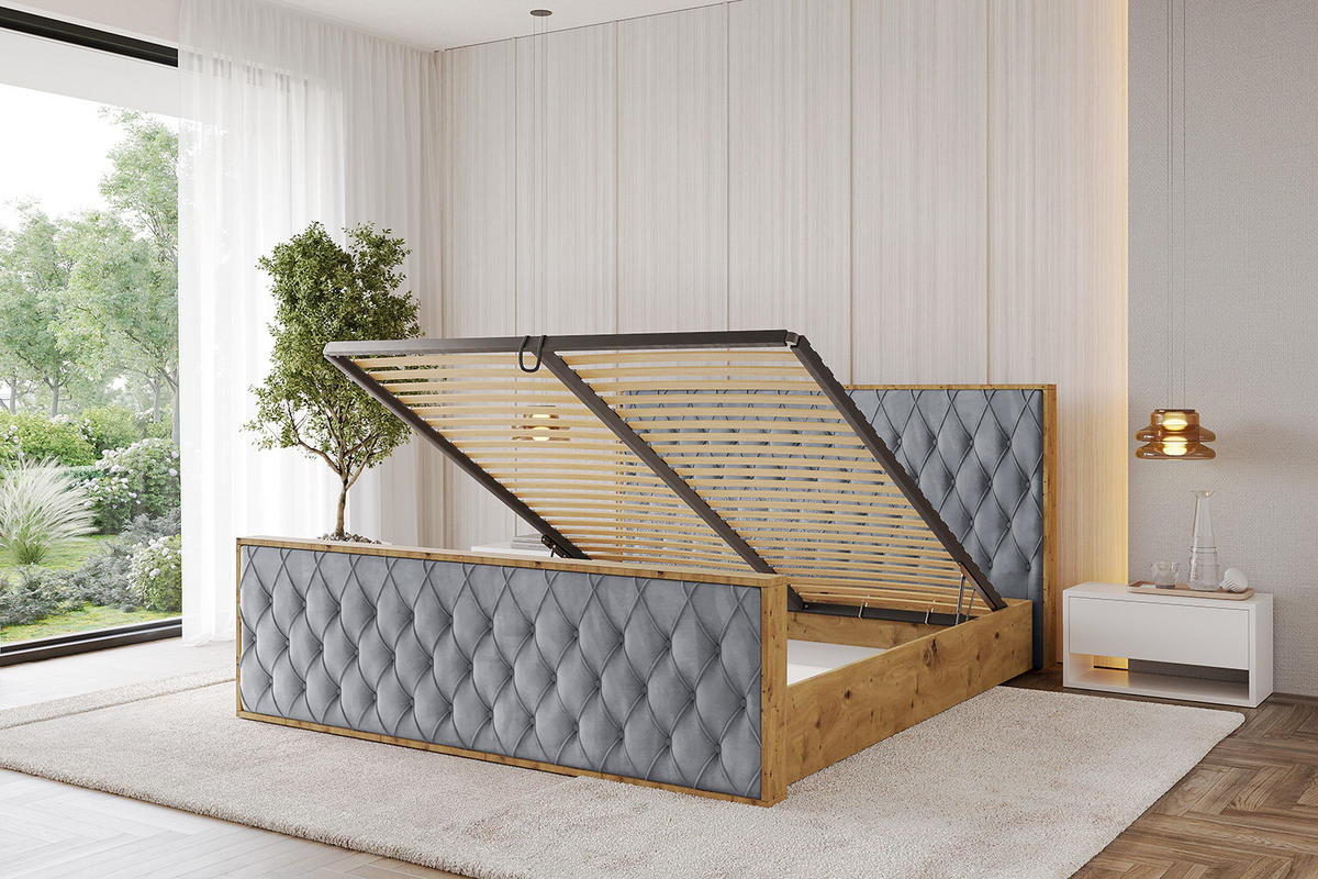 POLSTERBETT mit Bettkasten, Fußteil und Lattenrost, Boxbett ohne Matratze - ENZO5-Z 200x200 Grau - Grau, Holzwerkstoff/Textil (200/200cm) - ALTDECOR