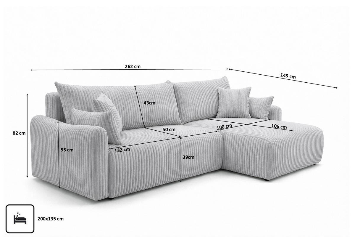 ECKSOFA Mit Schlaffunktion, Cordstoff Tilia, Grau, Rechts, JAPANDI - Grau, Holz (262/145cm) - Kaiser Möbel