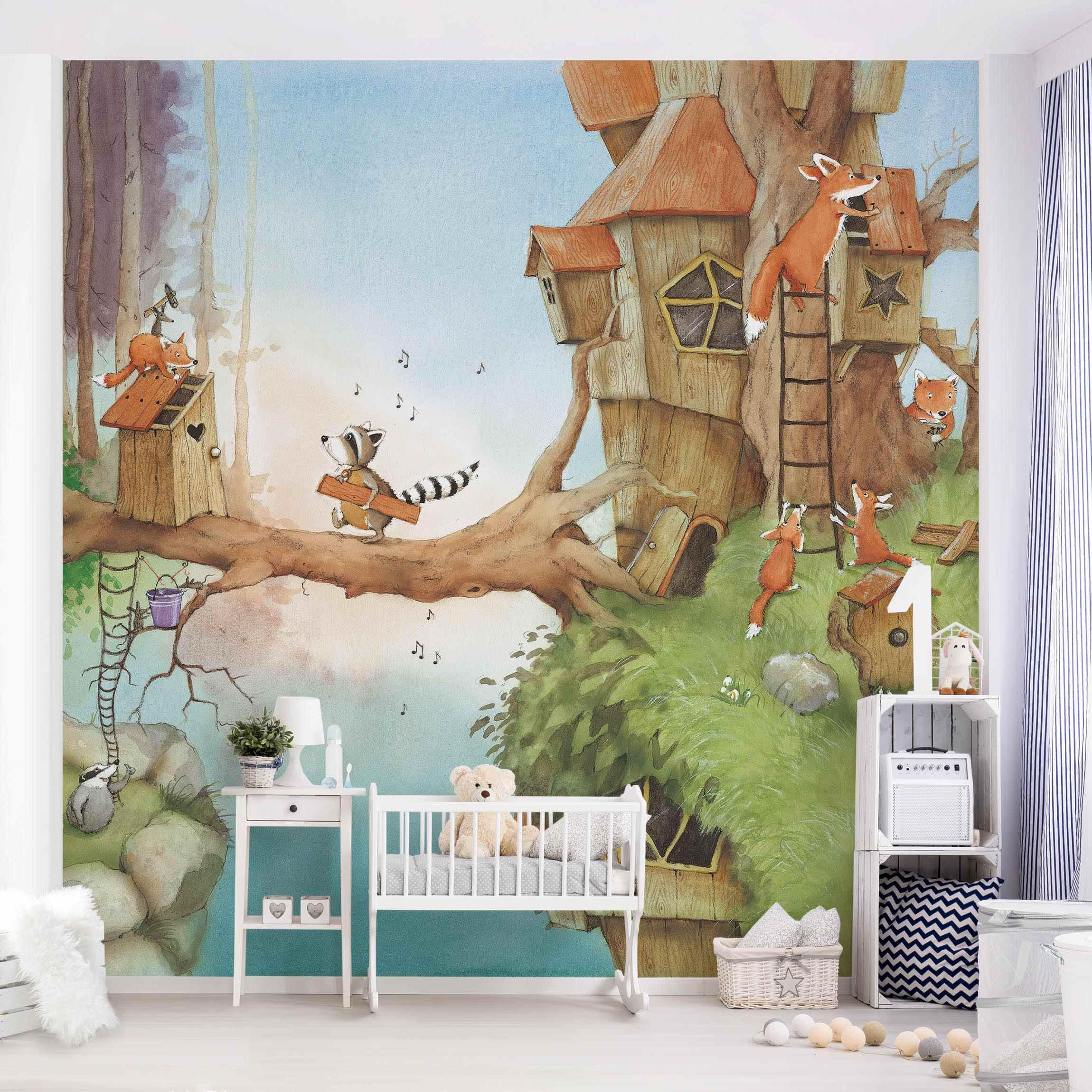 FOTOTAPETE Wassili Waschbär - Wassili und Familie Fuchs 288/288 cm - Braun, Papier (288/288cm) - Bilderwelten