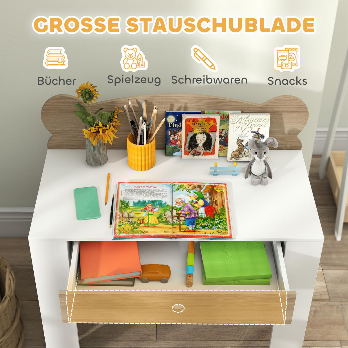 KINDERSCHREIBTISCH Set mit Tischplatte & Schublade Kinder Schreibtisch und Stuhl - Naturfarben, Holz (41/74.5/80cm) - AIYAPLAY