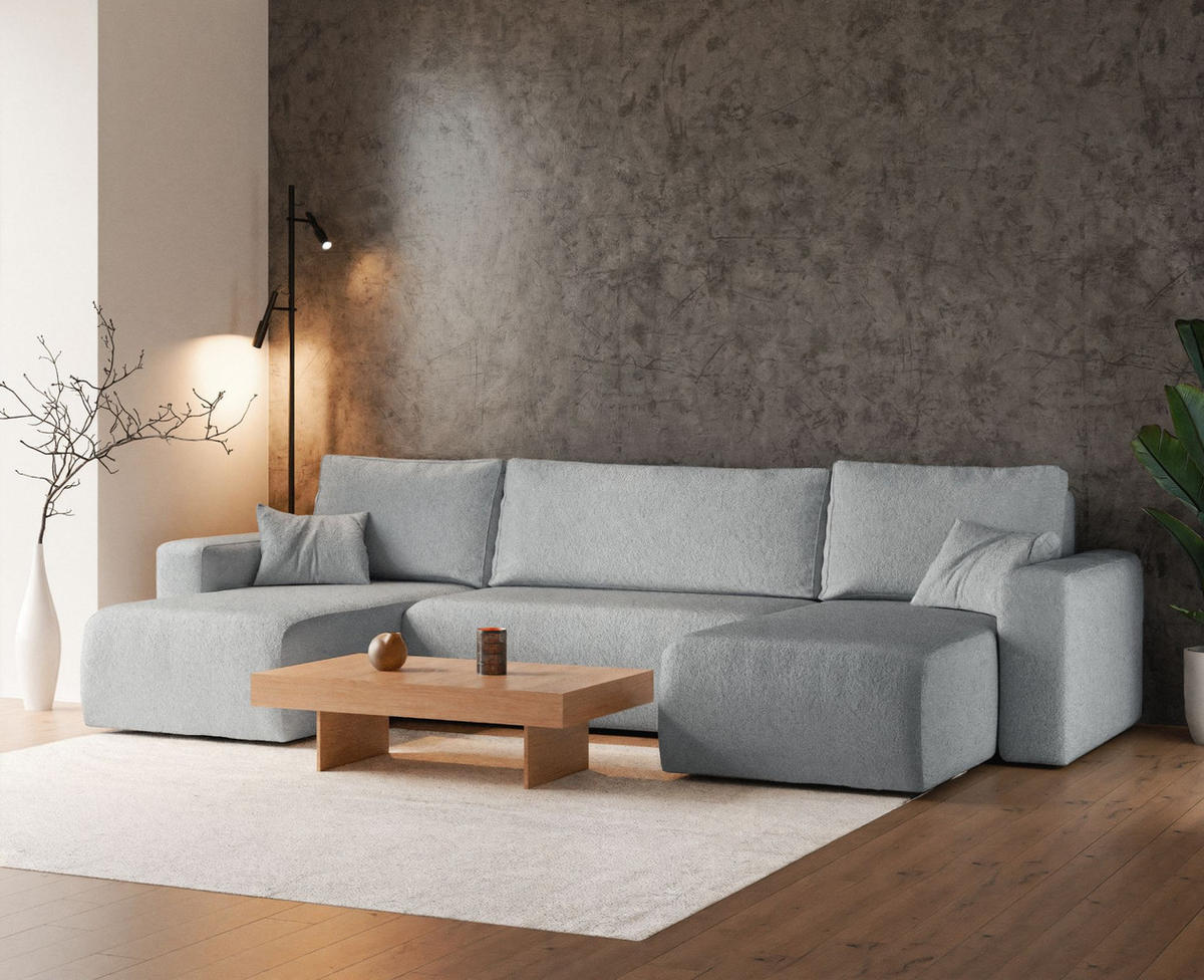 WOHNLANDSCHAFT Pianoni Hellgrau Bouclé-Bezug - Hellgrau/Schwarz, Kunststoff/Textil (312/83/140cm) - Selsey