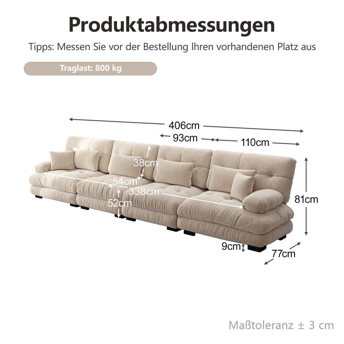 4-SITZER-SOFA DE-34065 modular mit Tiefensitz Hellbraun - Hellbraun, Holz (77/81/406cm) - ComfortXL
