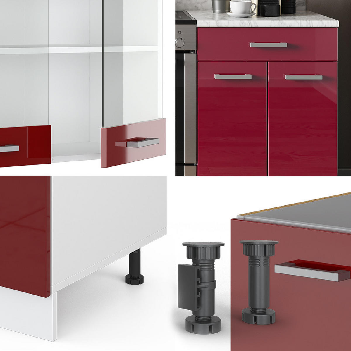 KÜCHENZEILE R-Line Bordeaux Hochglanz/Weiß 200 cm, AP Eiche - Bordeaux/Weiß, Holzwerkstoff (200/81.6/60cm) - Vicco