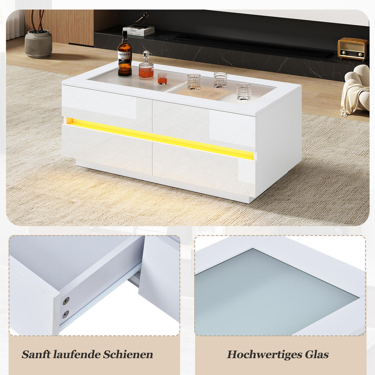 COUCHTISCH DE-37135 mit 4 Schubladen, Glasplatte und LED Weiß - Weiß, Holzwerkstoff (100/50/40cm) - ComfortXL
