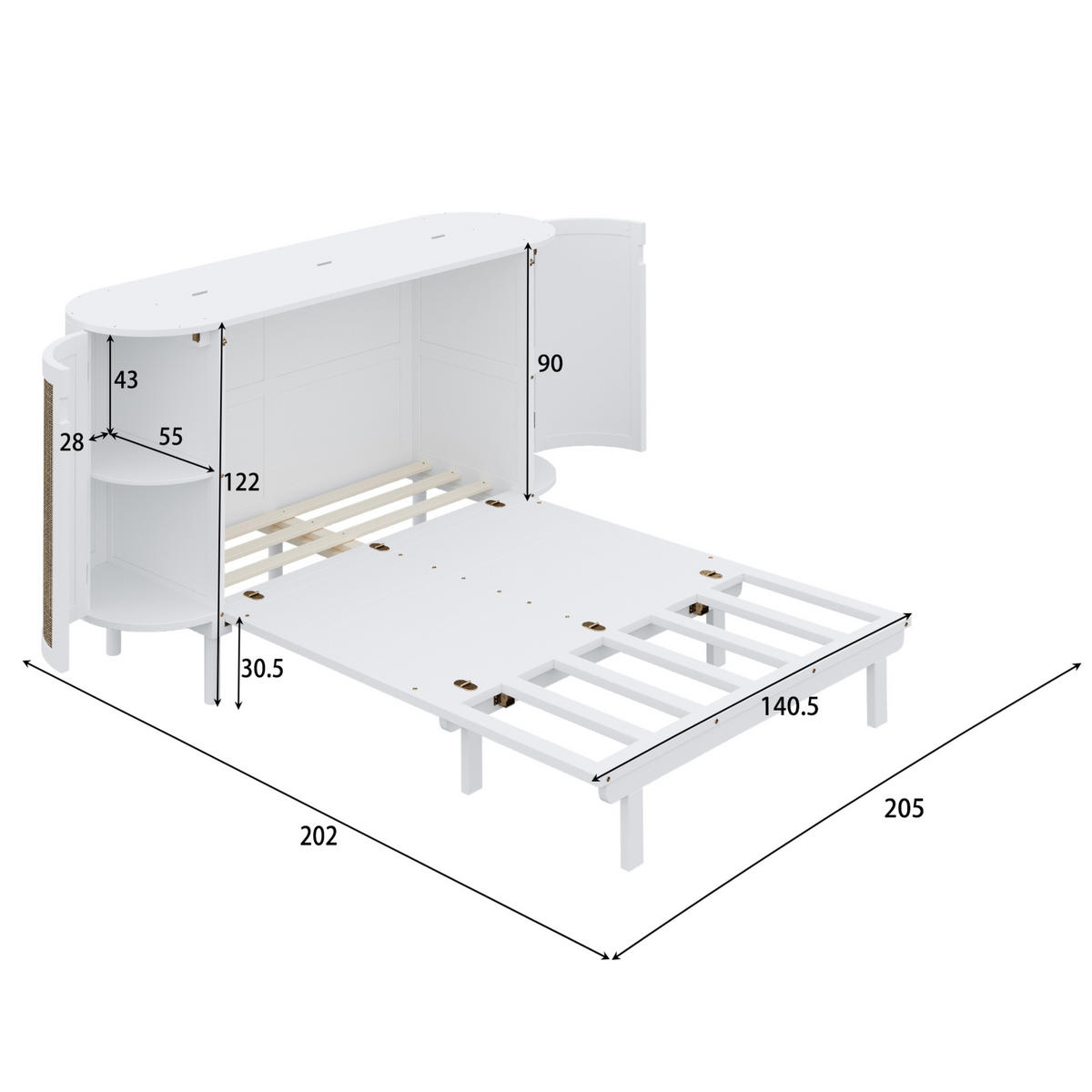 KLAPPBETT 140/200 cm Weiß Rattan-Design mit Lattenrost und Stauraum - Weiß, Holzwerkstoff (140/200cm) - OKWISH