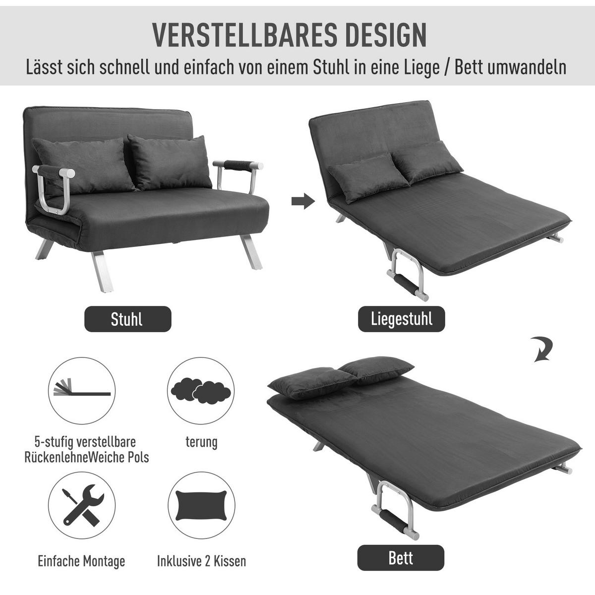 DOPPELSOFA Schlafsessel Armlehne Klappbett Gästebett Chaiselongue 3-in-1 Grau - Silberfarben/Grau, Textil/Metall (80/78/111cm) - HOMCOM