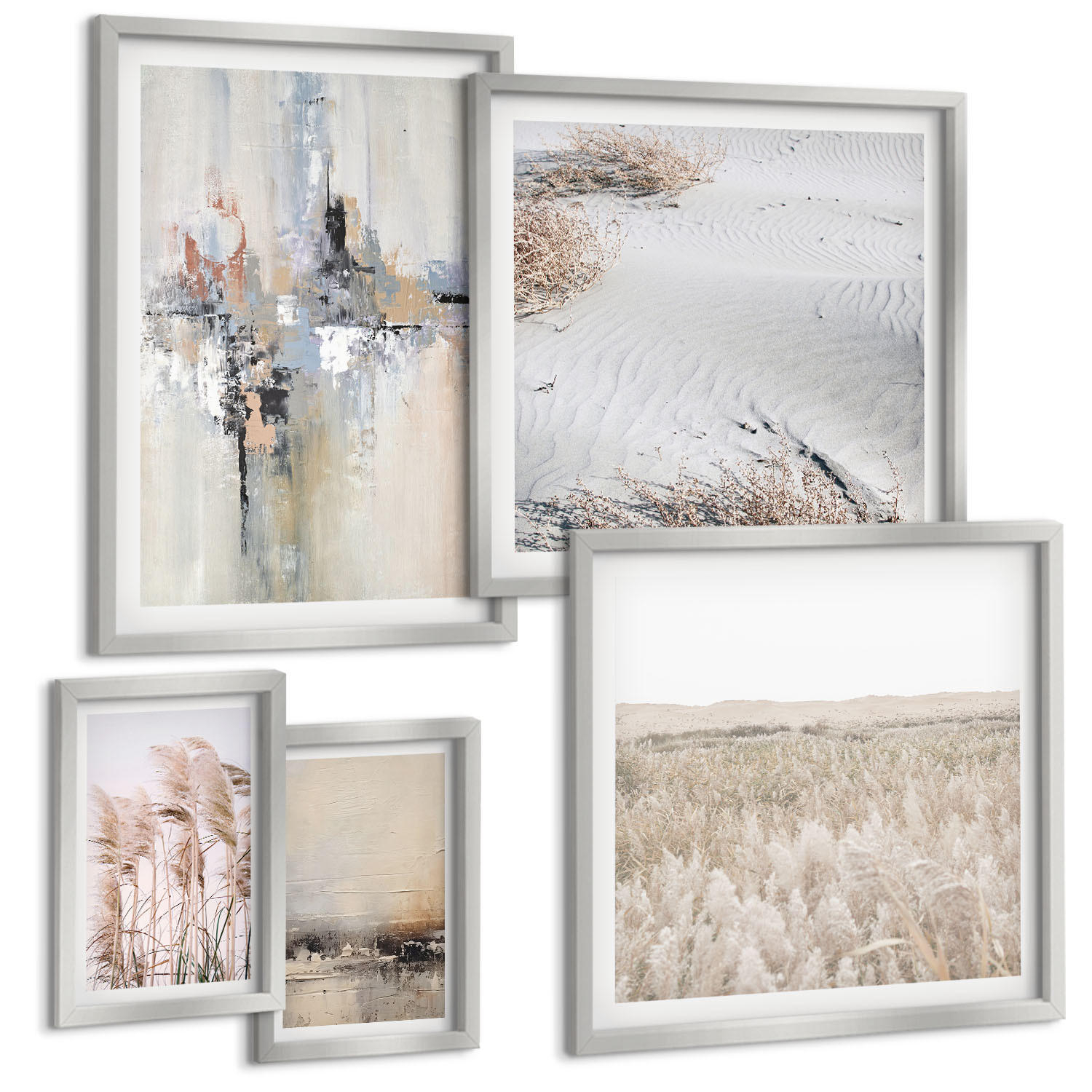 BILDER SET 5er Set - 50x50 cm & 20x30 cm & 40x60 cm Silberner Rahmen - Abstrakte Vegetationsmuster - Silberfarben, Kunststoff (40/60cm) - TULUP