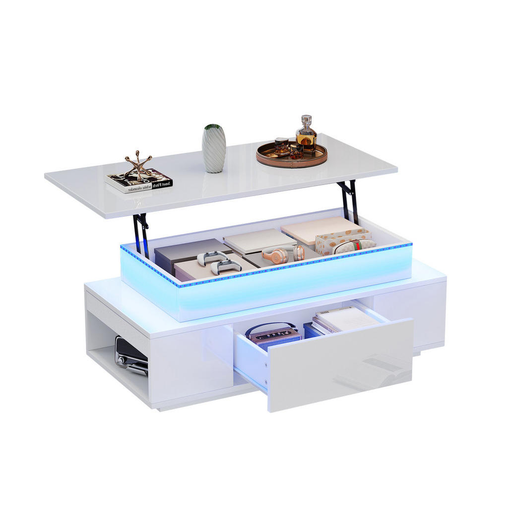 Modfu KONFERENČNÍ stolek z dřevotřísky 96x45x40 cm bílý s výklopnou deskou, LED osvětlením a úložným prostorem