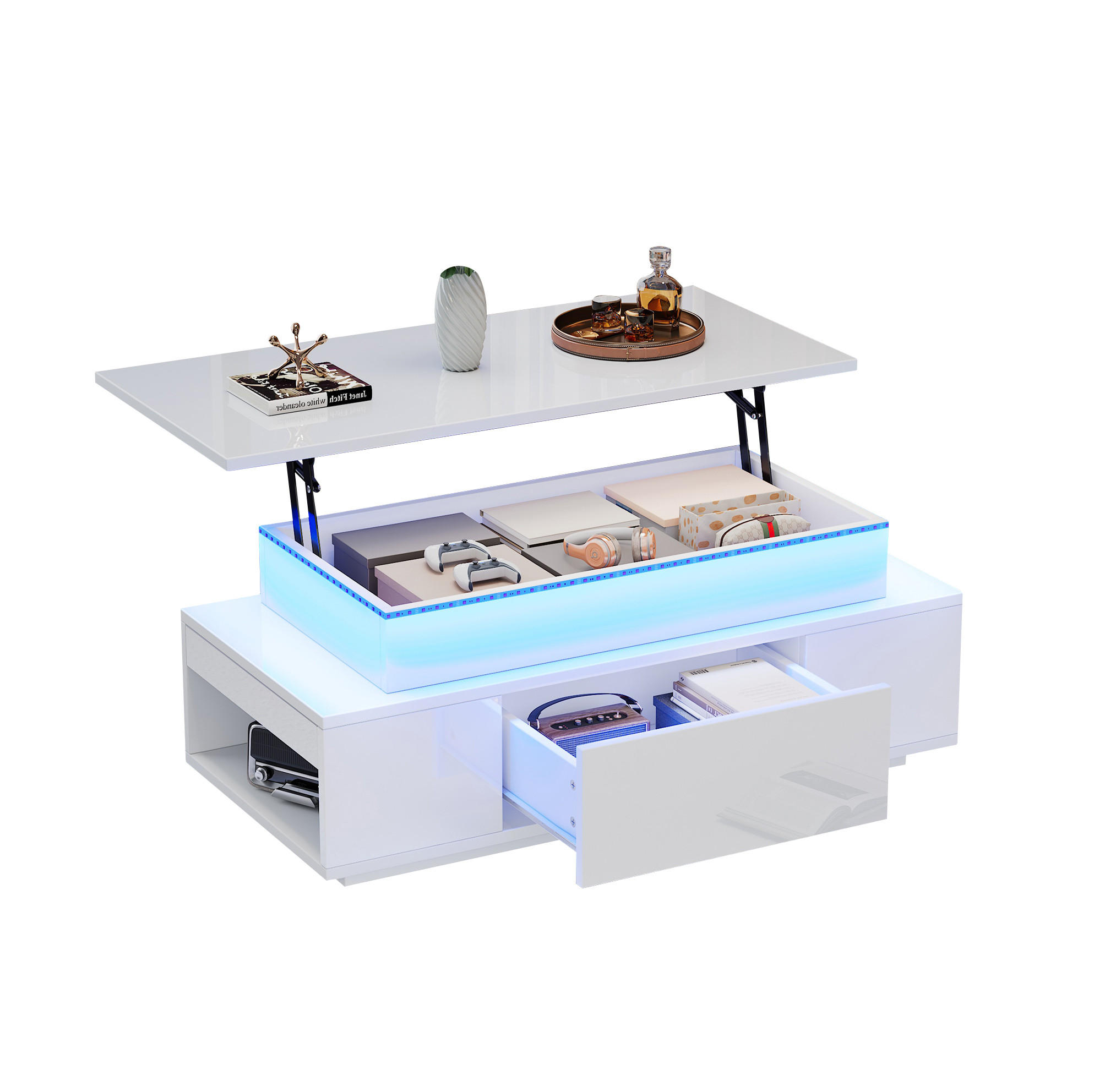 KONFERENČNÍ stolek z dřevotřísky 96x45x40 cm bílý s výklopnou deskou, LED osvětlením a úložným prostorem - bílá, kompozitní dřevo (96/45/40cm) - Modfu