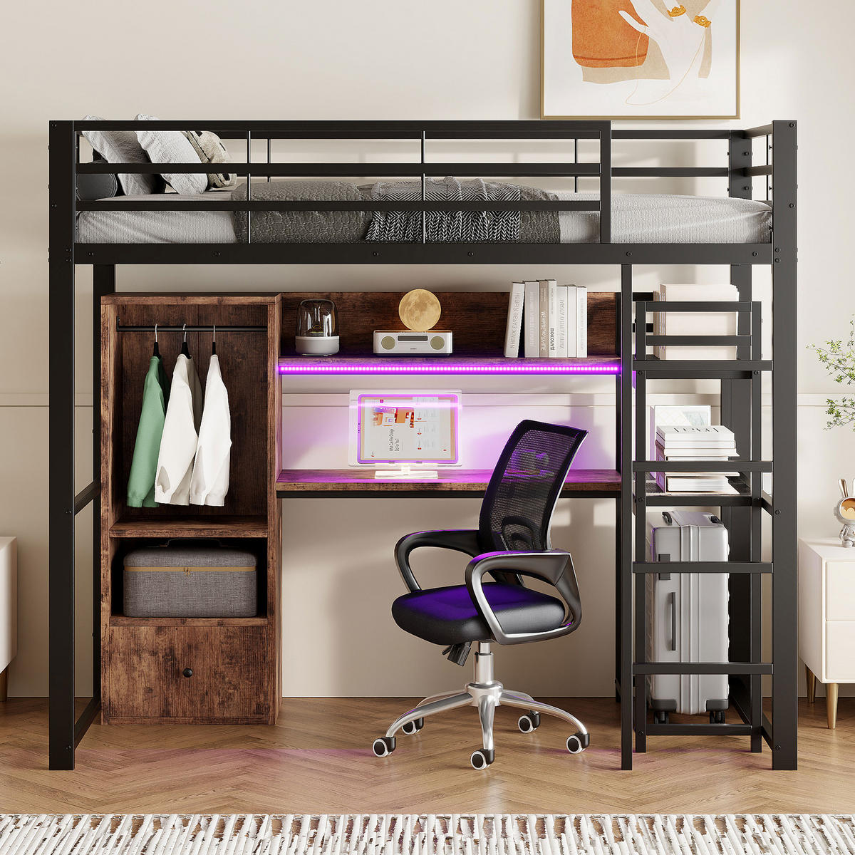HOCHBETT 90/200 cm in Schwarz mit Schreibtisch, 1 Schublade, Regal und LED - Schwarz, Holzwerkstoff/Metall (90/200cm) - STILVORA