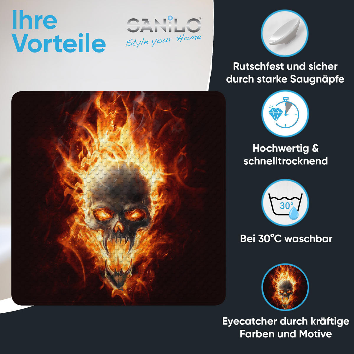 BADEMATTE Totenkopf in Flammen - Braun, Kunststoff (53/53cm) - Sanilo