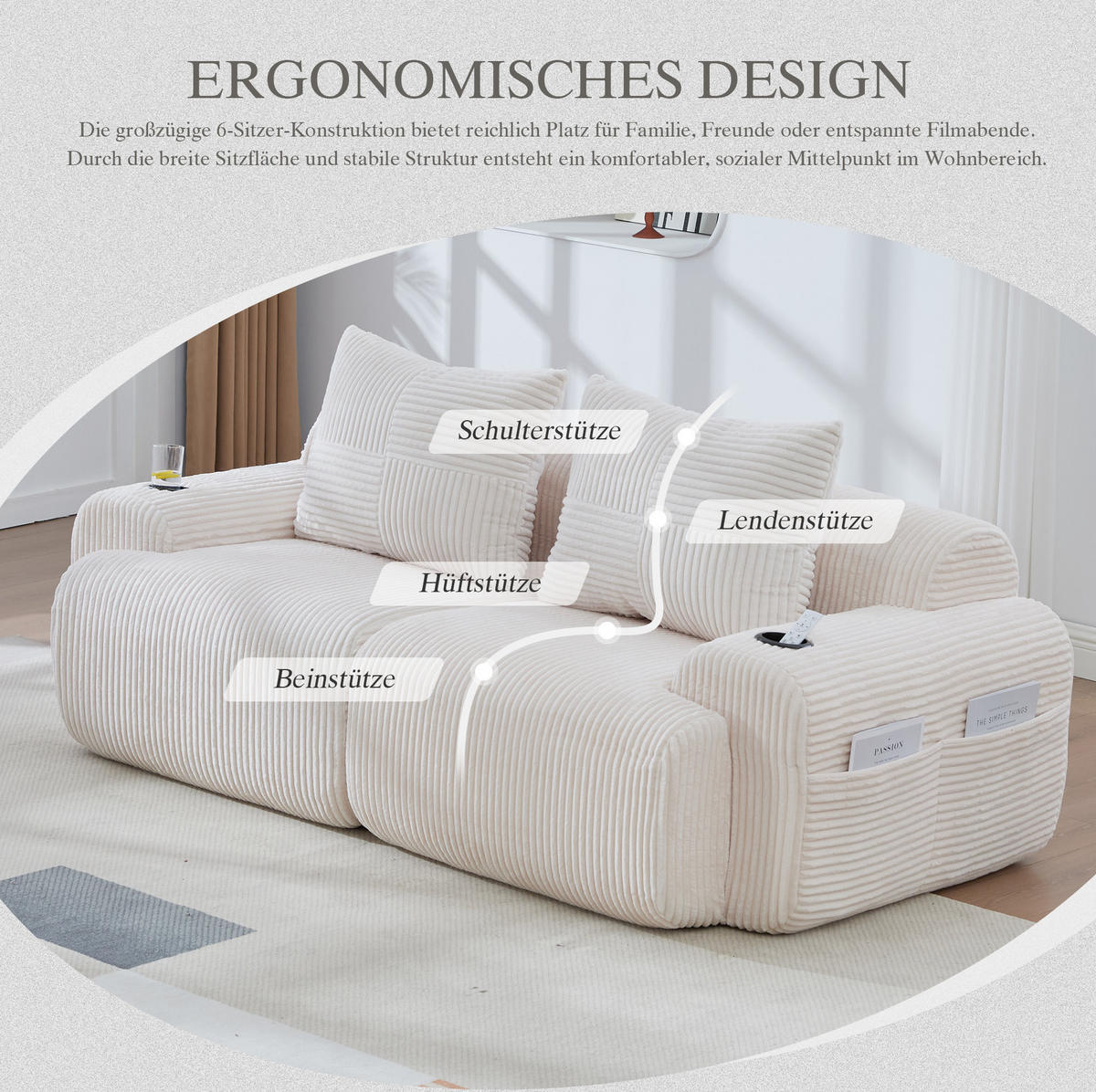 2-SITZER Sofa Cord mit Getränkehalter und Seitentasche 200/99/80 cm Beige - Beige, Textil (99/80/200cm) - Redom