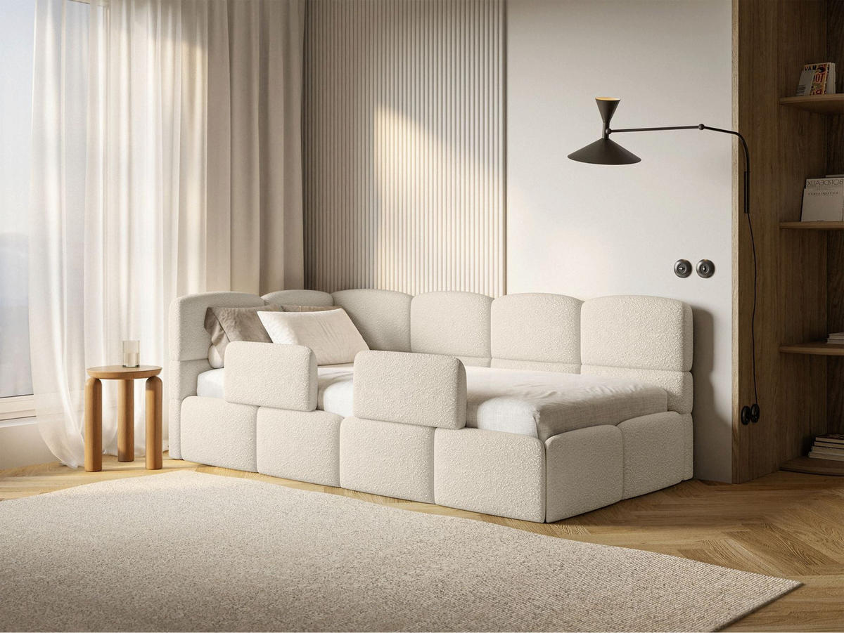 JUGENDBETT Cloudy links mit Rausfallschutz Bouclé Hellbeige - Ecru, Kunststoff/Textil (90/200cm) - Selsey
