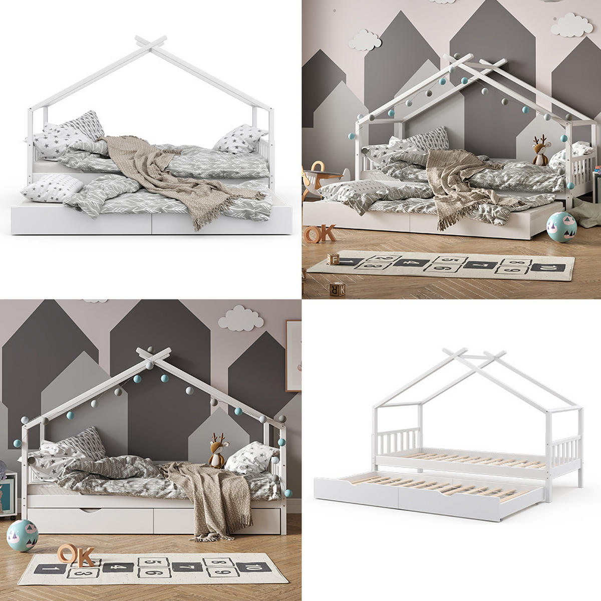 HAUSBETT Design Weiß 90x200 cm mit Gästebett und Matratze - Weiß, Holz (90/200cm) - VitaliSpa