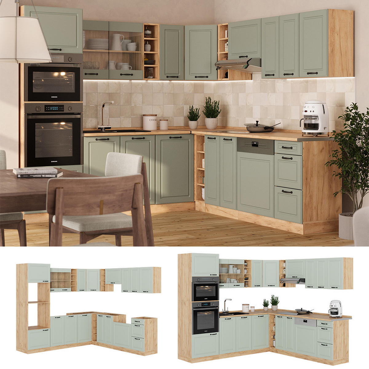 ECKKÜCHE R-Line, Mint Landhaus/Goldkraft Eiche, 247 x 237 cm - Honigeiche/Grün, Holzwerkstoff (247/206.8/46cm) - Vicco
