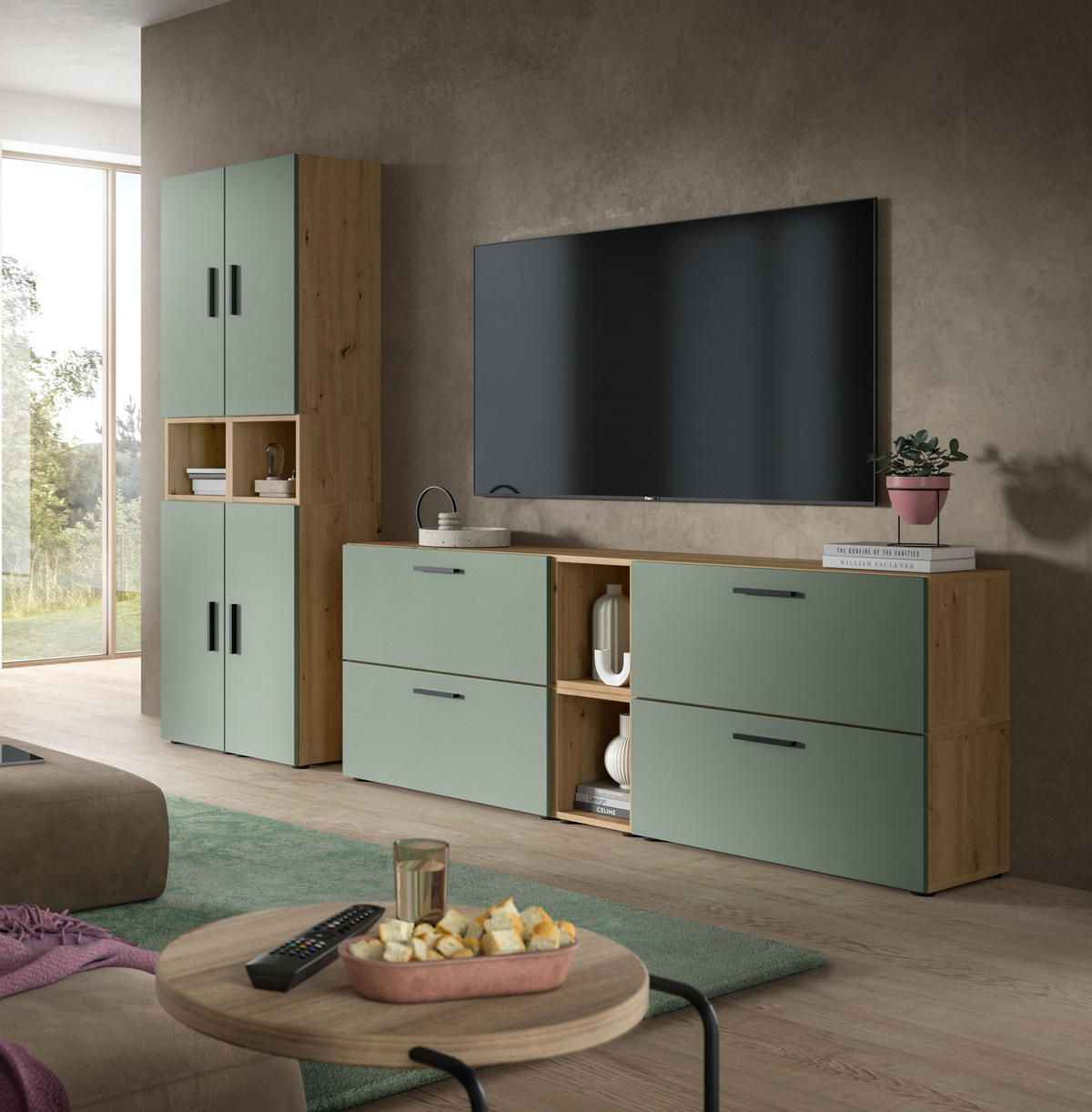 WOHNWAND The One Smoke Green 176/34/67 cm - Braun, Holzwerkstoff (176/67/34cm) - Xonox