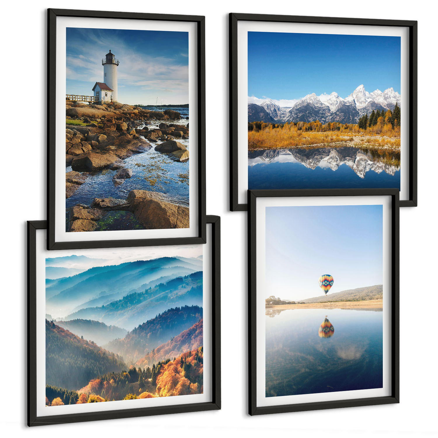 BILDER SET 4er Set - 50x50 cm & 40x60 cm Schwarzer Rahmen - Ausblicke auf die Natur, Leuchtturm, Berge - Schwarz, Kunststoff (50/50cm) - TULUP