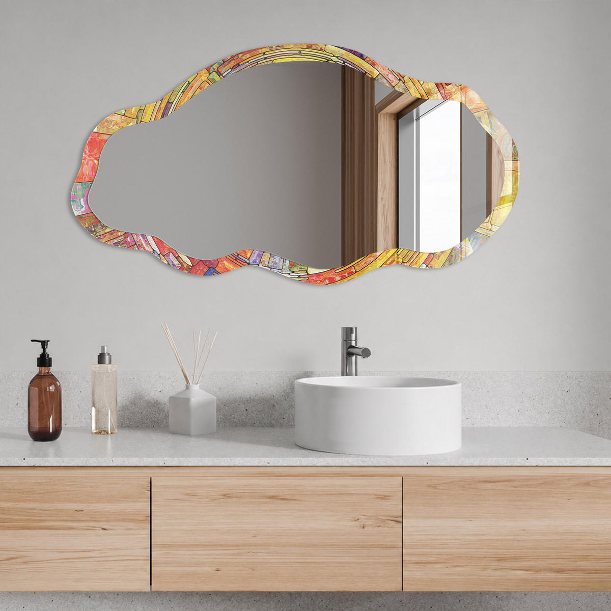 SPIEGEL 90x45 cm asymmetrisch mit Druck - Farbenfrohes Mosaik - Transparent, Glas (45/90/0.4cm) - TULUP