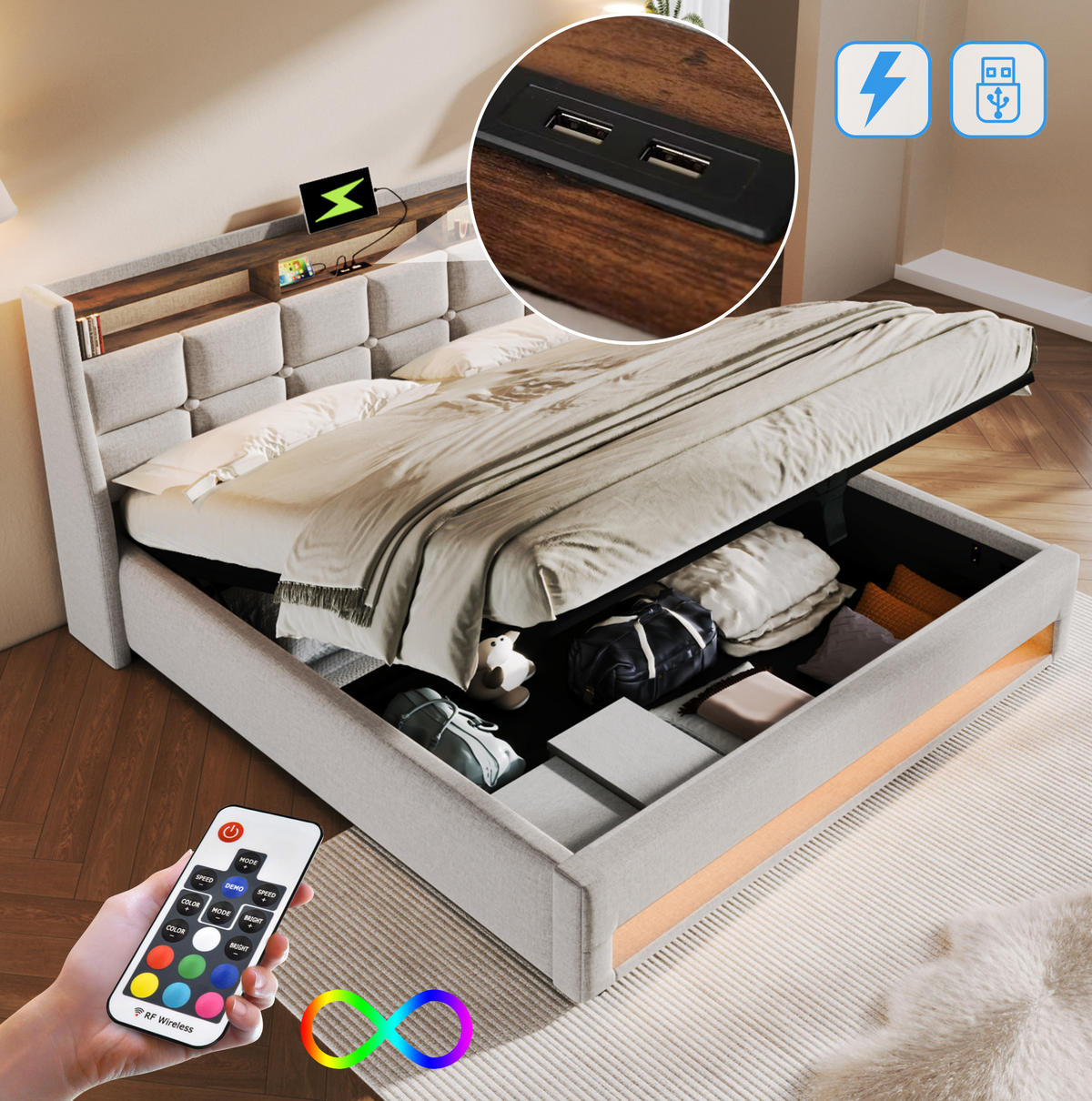 POLSTERBETT 160/200 cm Beige aus Leinenmaterial mit LED und USB - Beige, Textil (160/200cm) - OKMYHOME