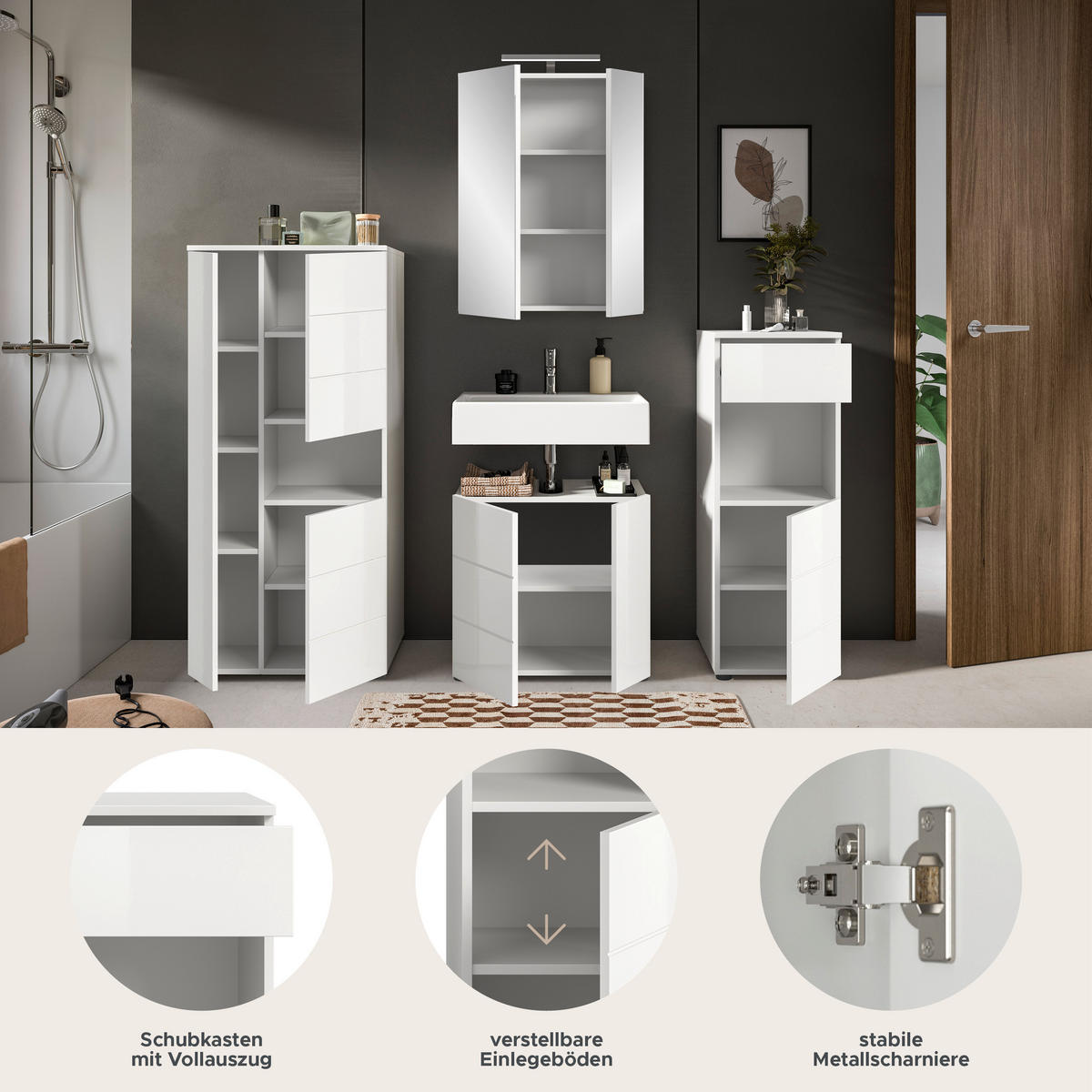 BADKOMBINATION Vira Bad in weiß Melamin und weiß hochglanz B/H/T: 188x190x34 cm - Weiß, Holz (188/190/34cm)