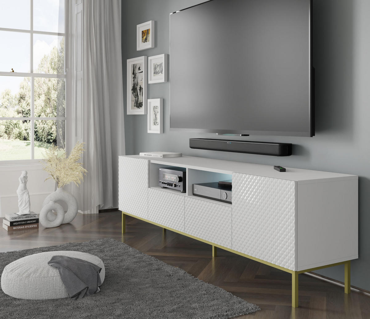 TV LOWBOARD Weiß, Weiß Hochglanz, Gold 200/58/42 - Weiß Hochglanz/Weiß, Holzwerkstoff (200/58/42cm) - RAUMHIRSCH FURNITURE