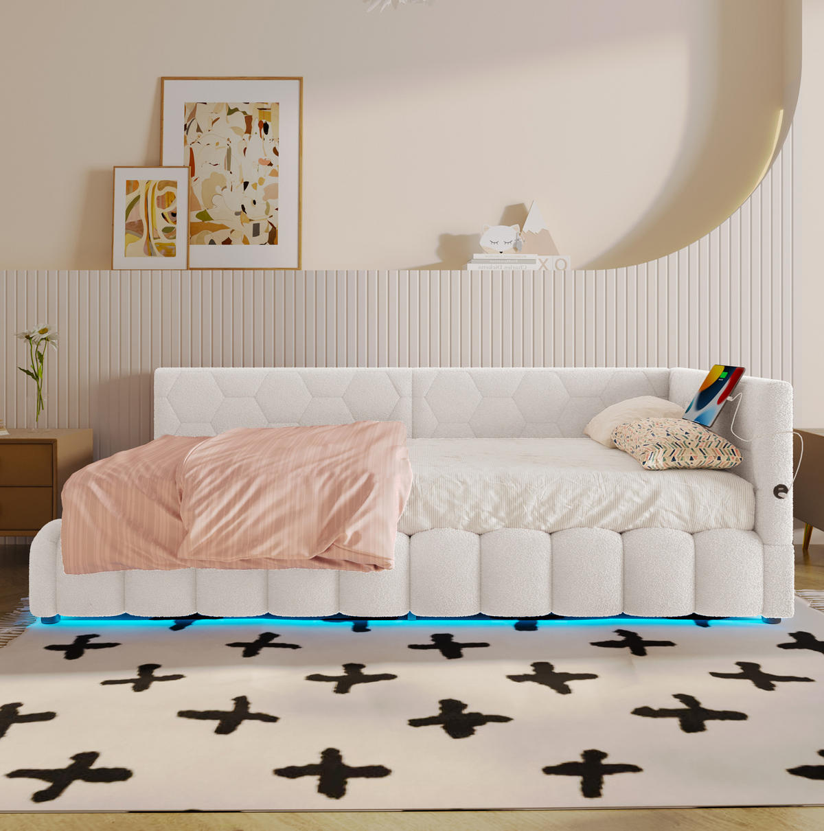 POLSTERBETT 90/200 cm Weiß mit Bettkasten, LED-Beleuchtung und USB - Weiß, Textil (90/200cm) - Flora Grace