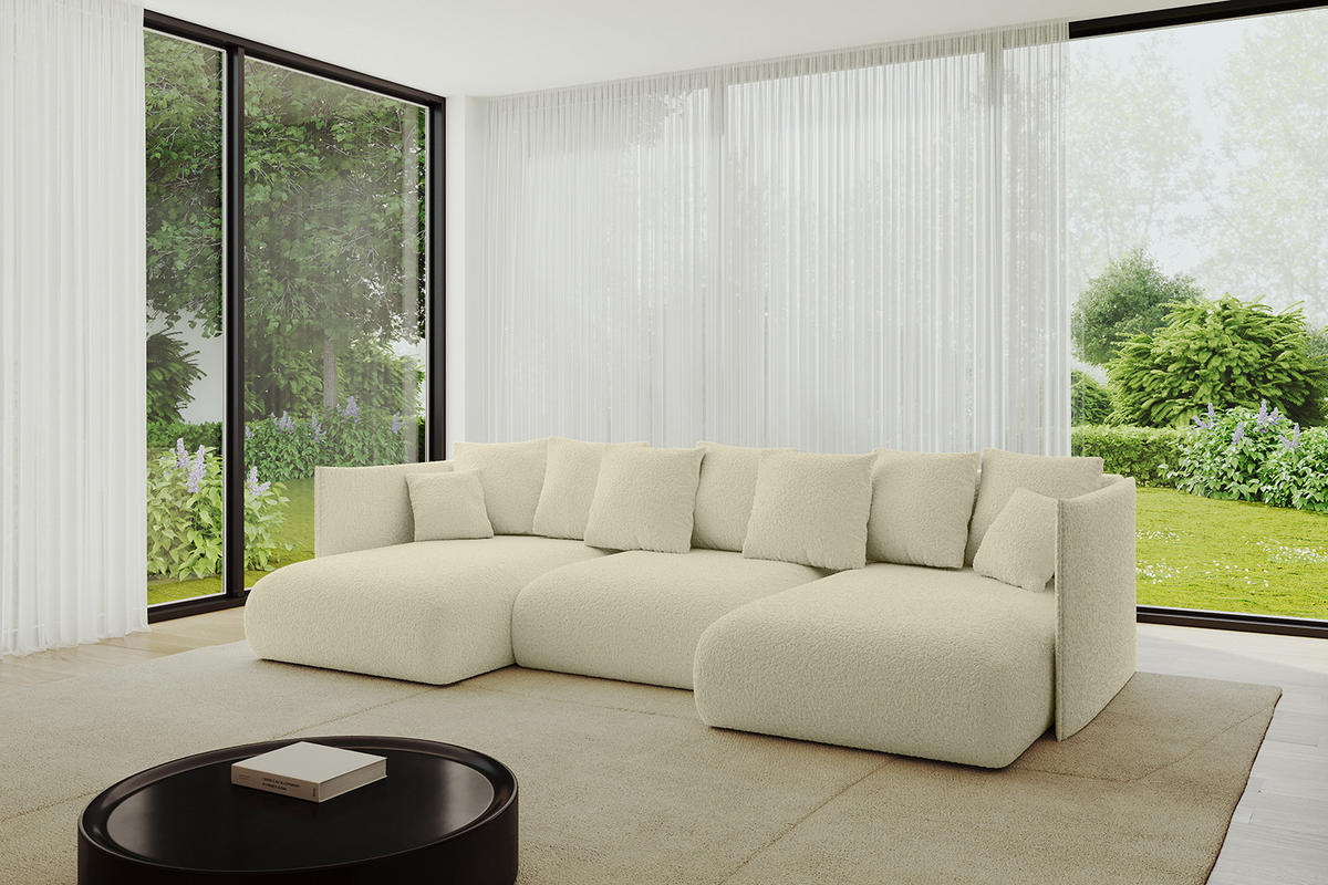 WOHNLANDSCHAFT mit Schlaffunktion und Bettkasten ONESK-U 304x165x40 Beige Bouclé - Beige, Holzwerkstoff/Kunststoff (304/90/165cm) - ALTDECOR