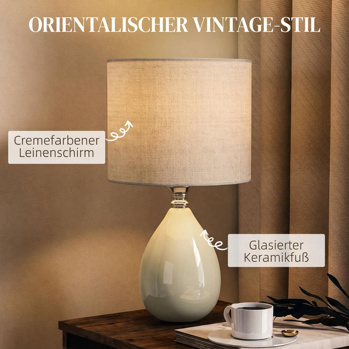 TISCHLAMPE Keramik Leinen Cremeweiß - Creme, Keramik (22/22/35cm) - HOMCOM