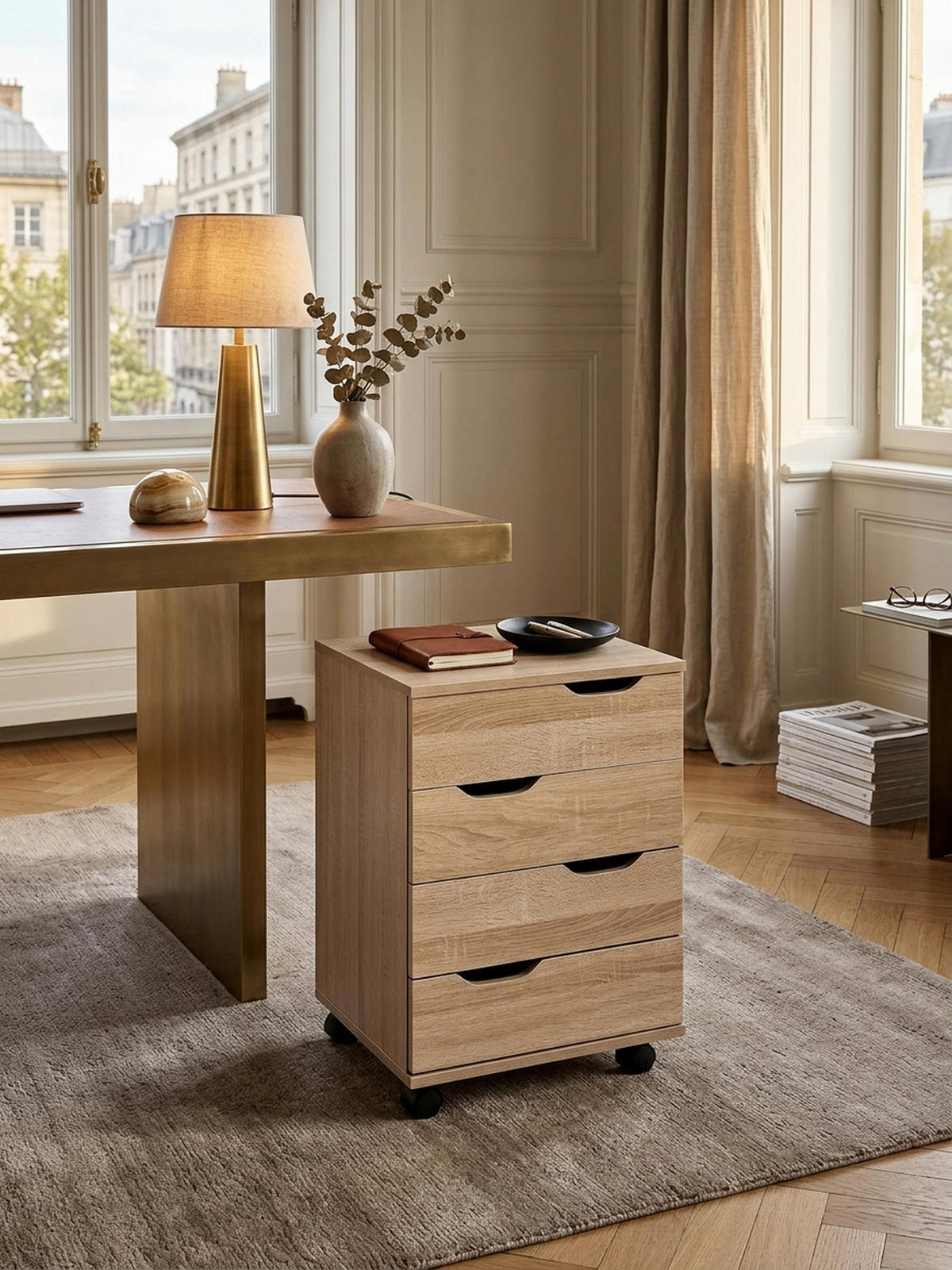 ROLLCONTAINER – Weiß, 4 Schubladen, Rollen, stilvoll, für Büro - Beige/Schwarz, Holz/Kunststoff (40/60/40cm) - KADIMA DESIGN