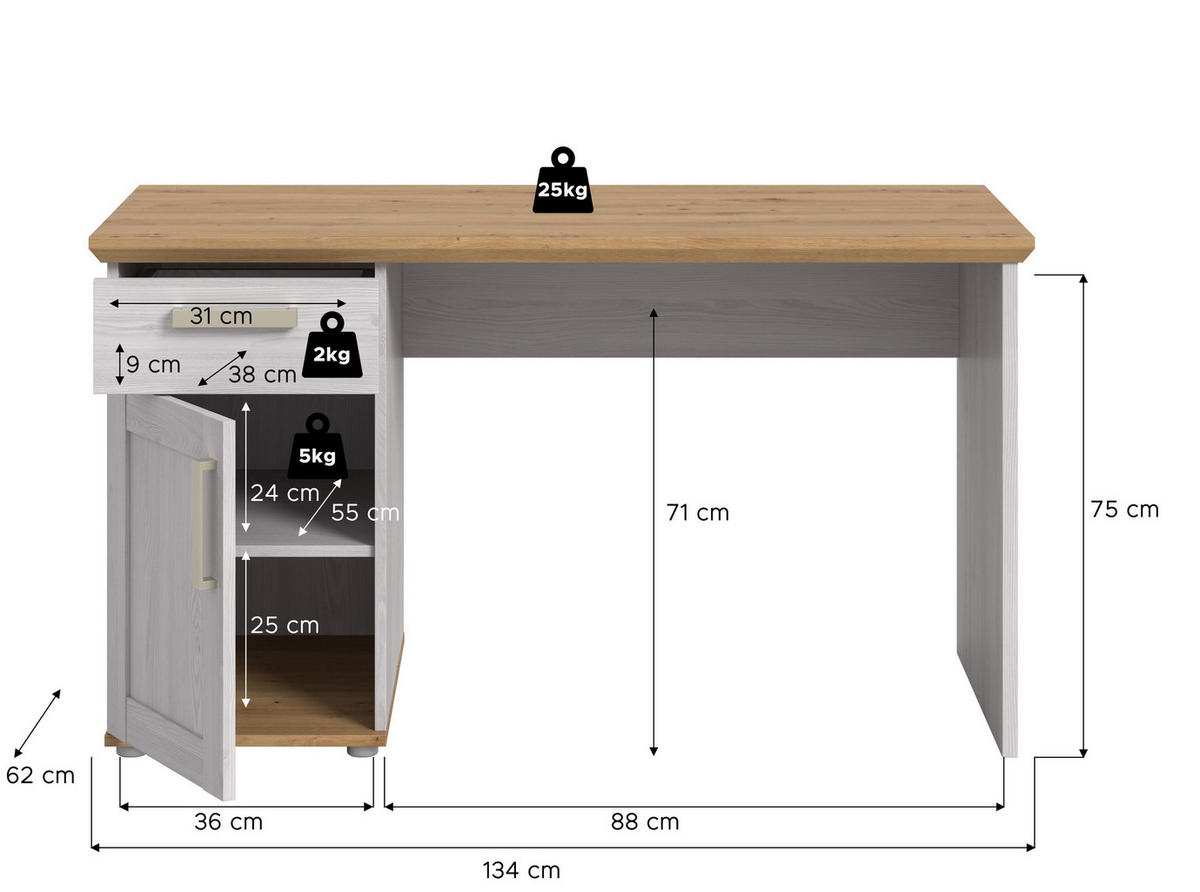 SCHREIBTISCH VERONA (B/H/T: ca. 134/75/62 cm) in Sibiu Lärche Nachbildung/Sibiu Lärche Nachbildung - Lärchefarben, Holzwerkstoff (62/134/75cm)