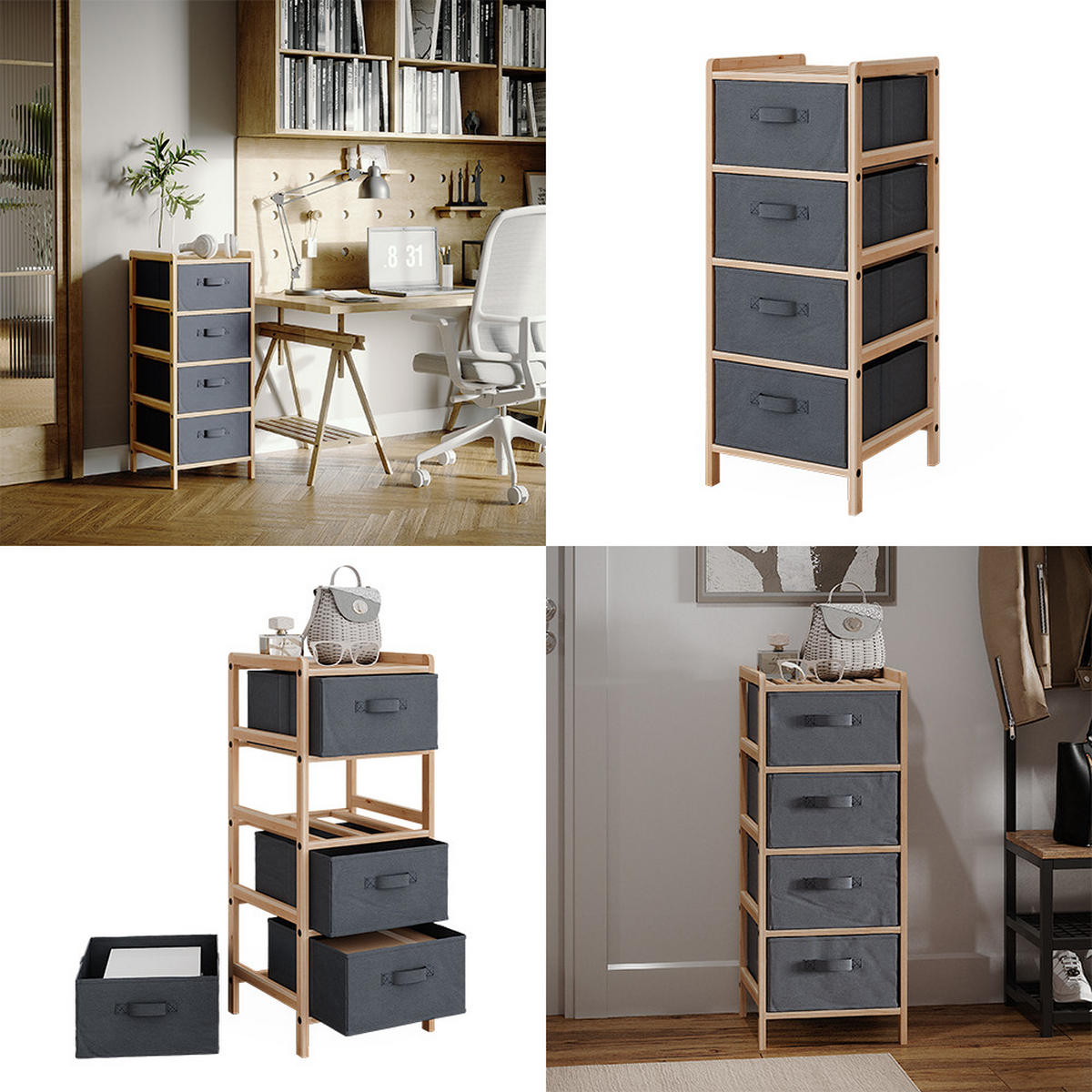 KOMMODE Bruno Grau 34.5 x 86 cm mit 4 Stoffschubladen - Naturfarben/Grau, Holzwerkstoff (34.5/86/36.5cm) - Vicco