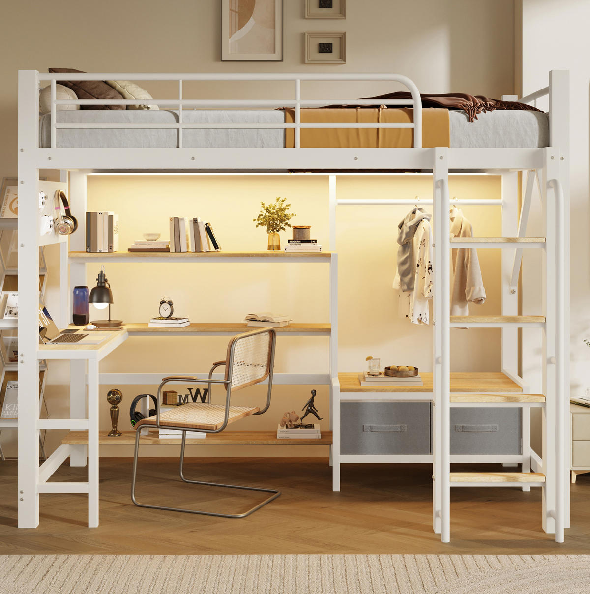 HOCHBETT aus Metall und MDF 90x200 cm Weiß mit Schreibtisch, LED-Beleuchtung und Stauraum - Weiß, Holzwerkstoff (90/200cm) - Modfu