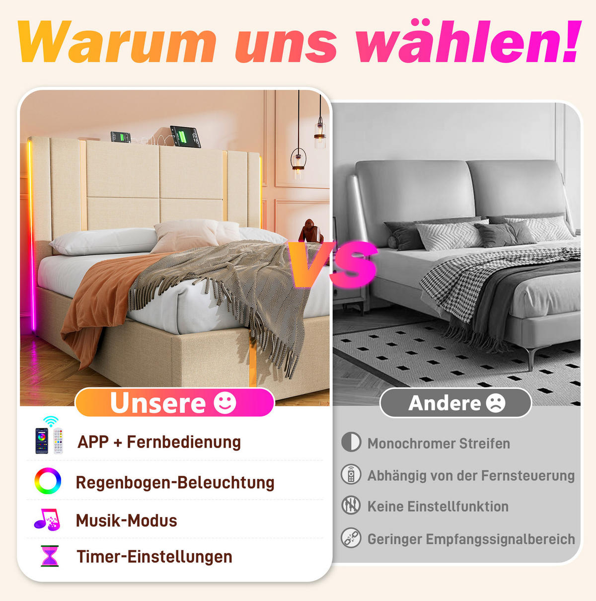 POLSTERBETT 180/200 cm Beige aus Leinen mit LED und Stauraum - Beige, Textil (180/200cm) - OKMYHOME