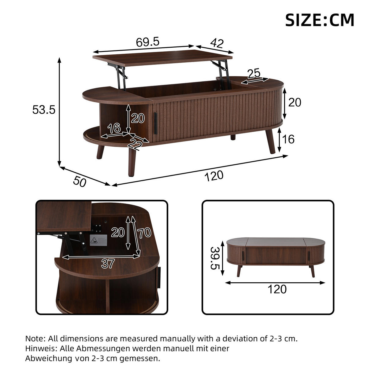KONFERENČNÍ stolek 120/50/39,5 cm ořechový z MDF s nastavitelnou deskou a skrytým úložným prostorem - ořechová, kompozitní dřevo (120/50/39.5cm) - OKWISH